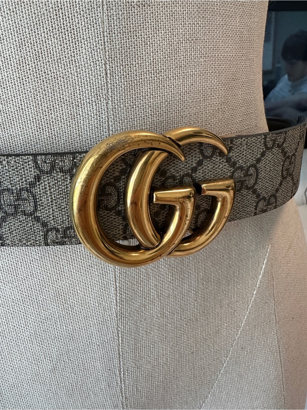 Gucci Reversible Beige Monogram Canvas / Black Belt with Gold Double G Buckle